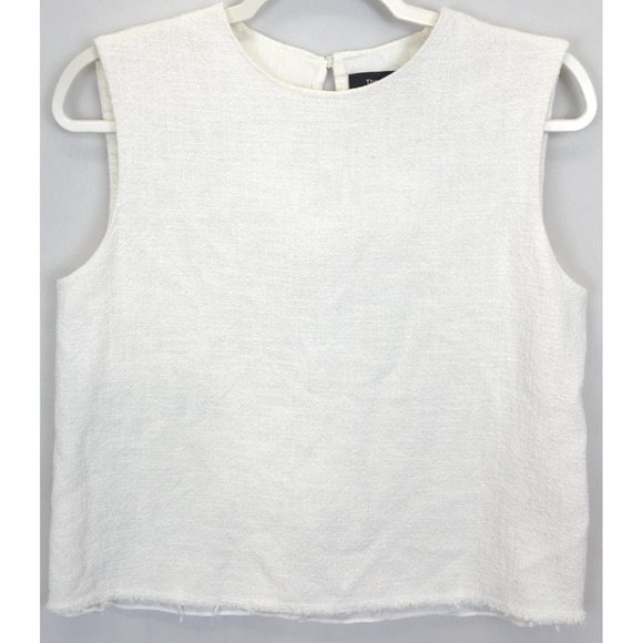 Theory Cropped Sleeveless Shell Top Women M Ivory Canvas Tweed Frayed Hem Casual - Picture 1 of 10